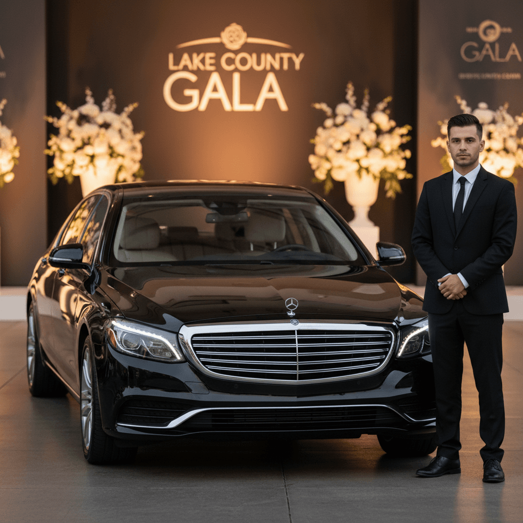 Professional driver beside pristine sedan at elegant event venue entrance