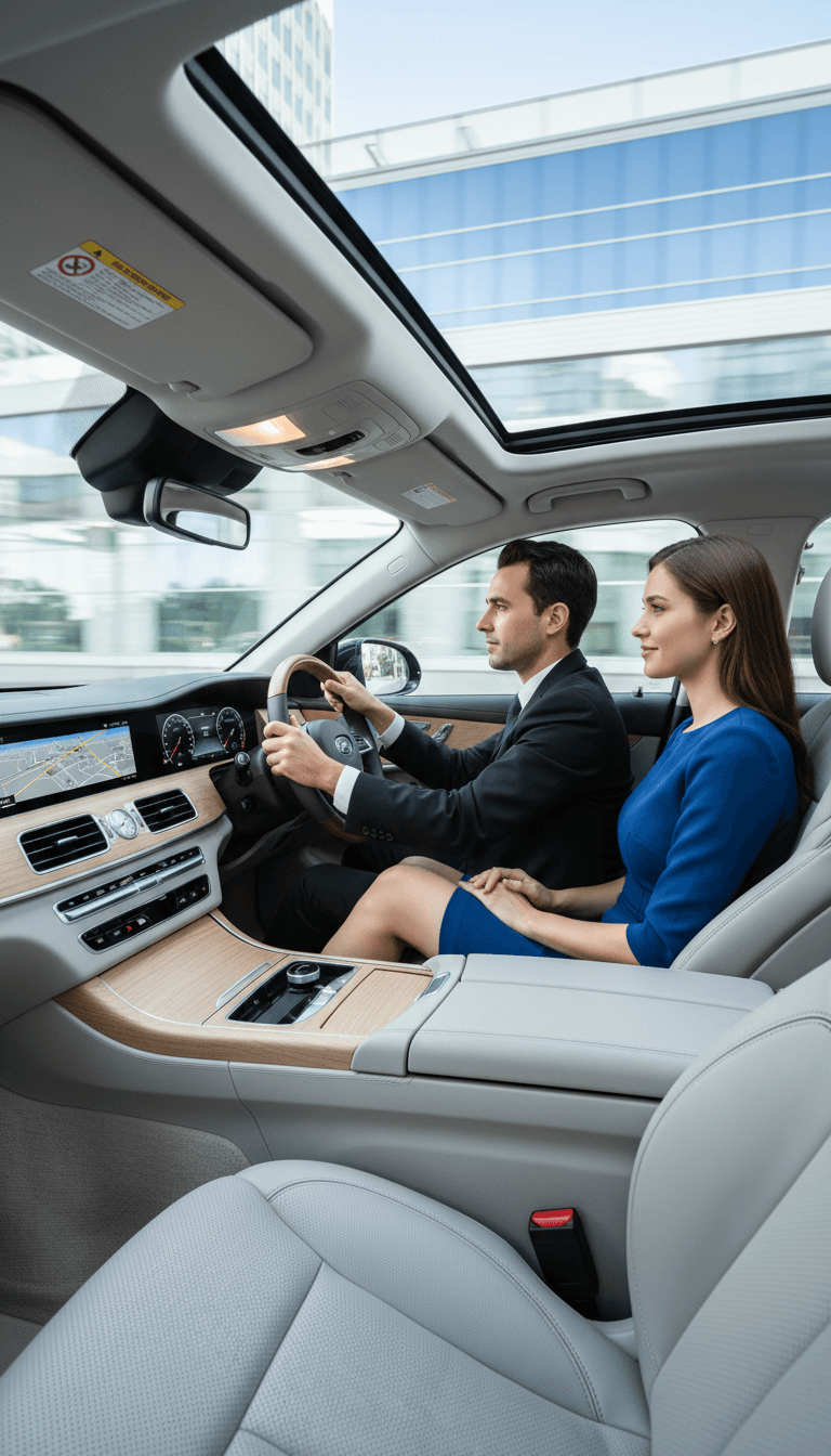 Professional Binsoul driver and passenger in comfortable vehicle