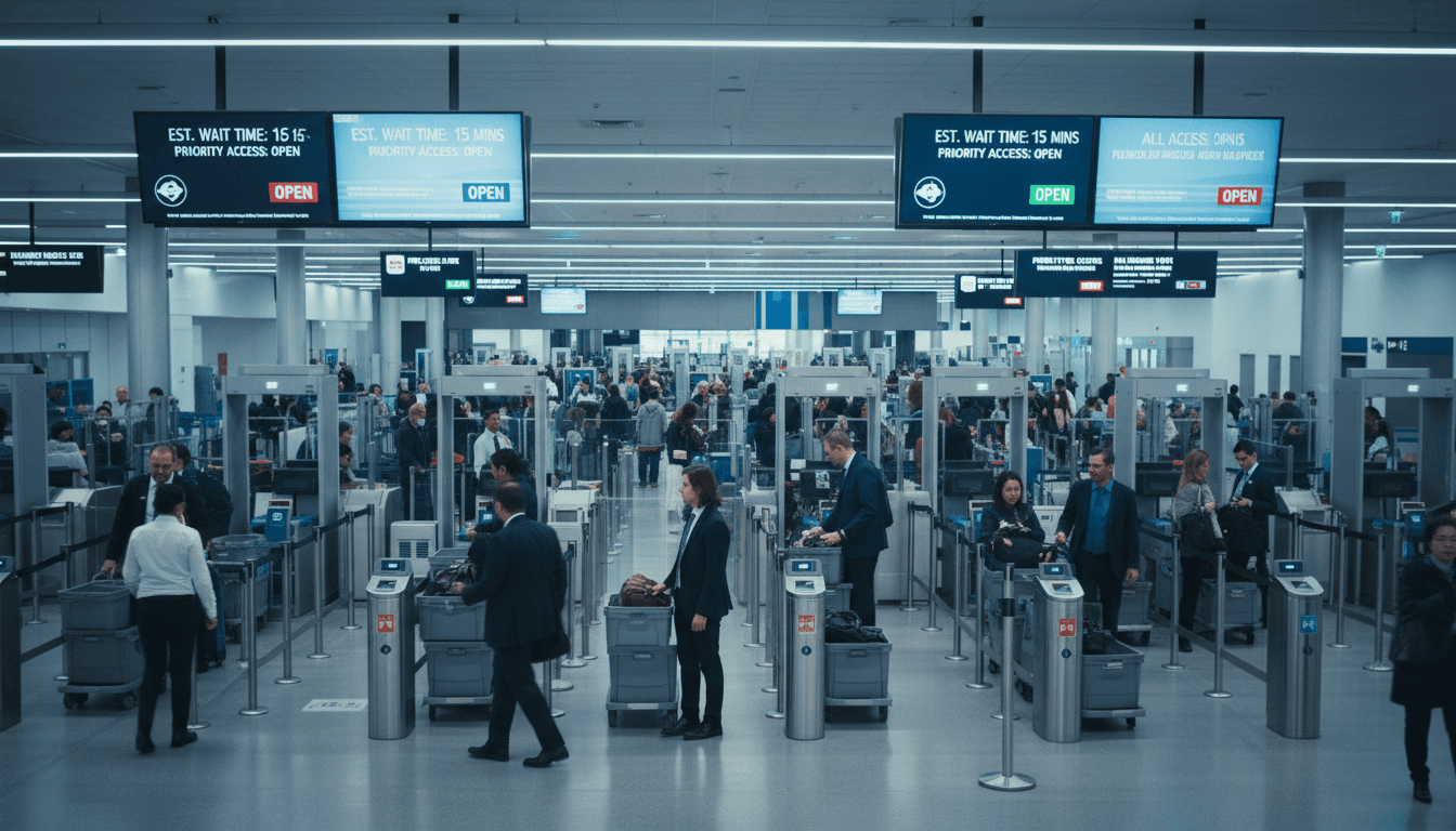 Wide view of organized airport security checkpoint with multiple diverse passengers moving through lanes during peak hours with digital displays